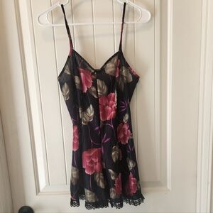 Petra Fashions Lingerie/Teddy, Black background w/ pink rose pattern, Size Small